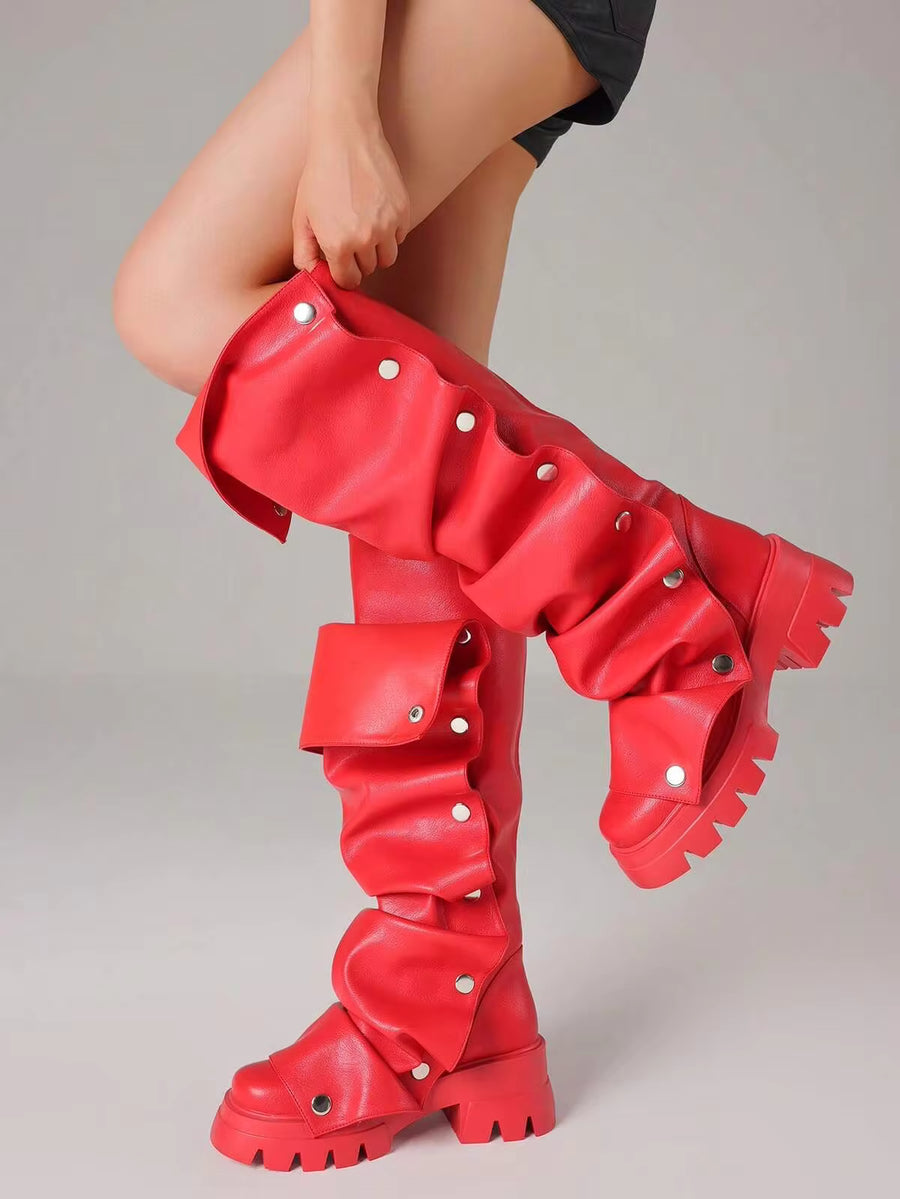 Women Mid Calf Boots Platform Heels Ruch Boots Knee High Fold Over Chunky Heel Short Booties Round Toe Pull-On Shark Boot Daily Party Y2K Dress Boots
