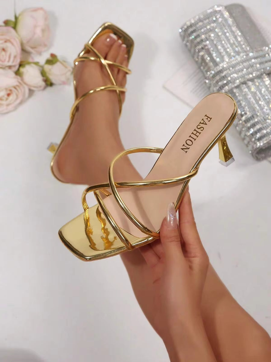 New Plus Size Women Comfortable Minimalist Criss-Cross Open Toe Square Toe Leather High Heel Sandals, Versatile Casual Chic Outdoor Beach Summer Shoes