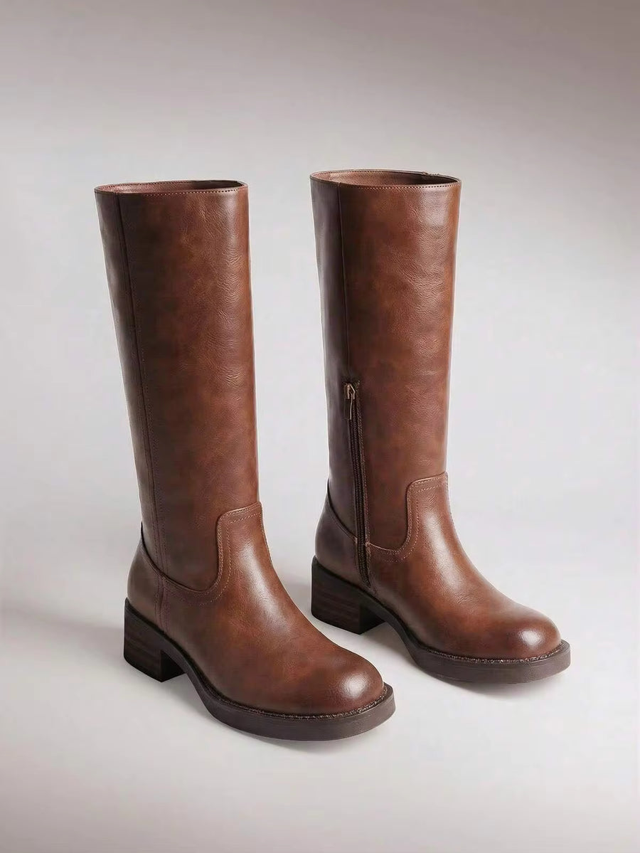 Womens Square Toe Chunky Block Heel Knee High Boots Banana Campus Boots For Women Casual Comfortable Low Heel Side Zipper Riding Tall Boots