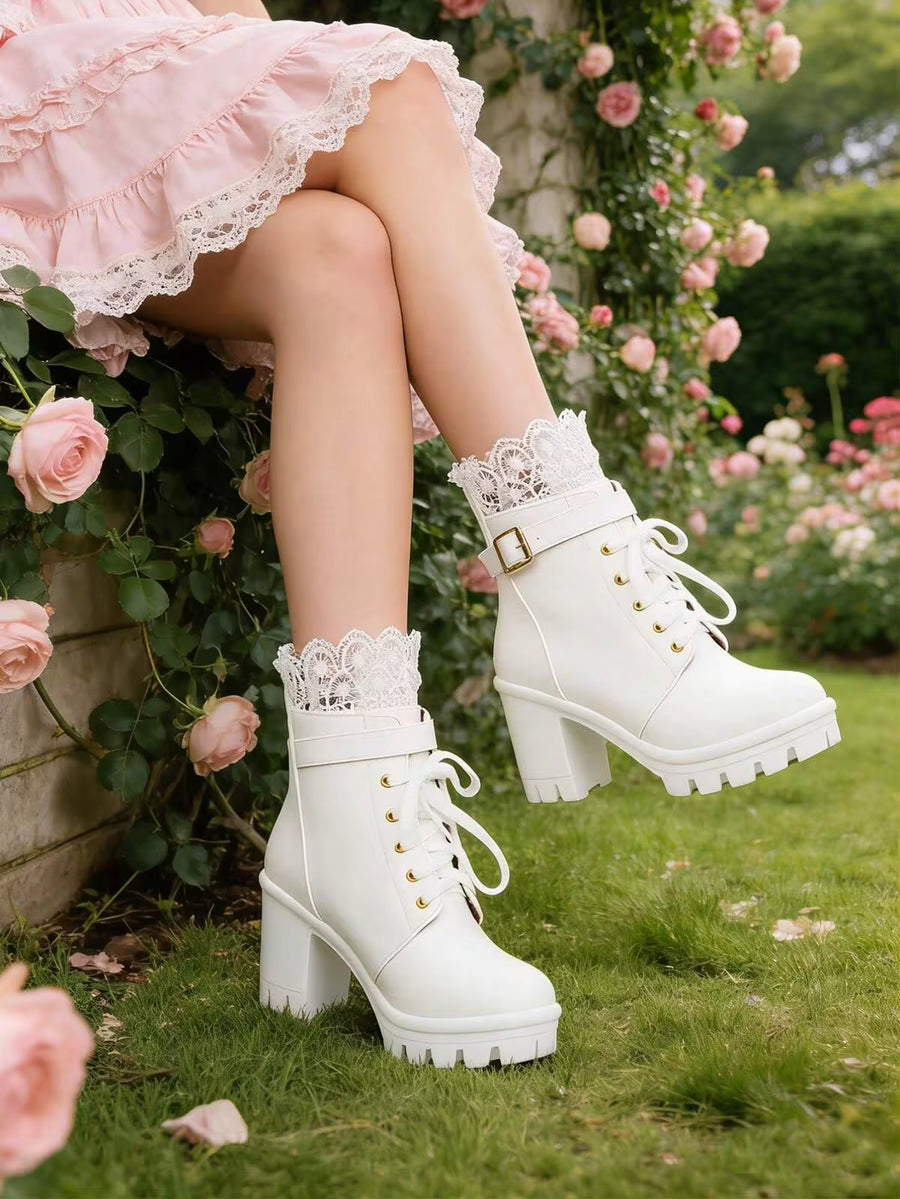 Women's Chunky Platform High Heel Boots Lace Up Gothic Ankle Booties Block Heel Buckle Punk Shoes